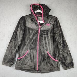 The North Face Plush Fleece Hooded Jacket Girls XL 18 Gray Pink Full Zip Logo